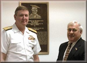 RADM Paul F. Sullivan, Director,Submarine Warfare Division and  the Honorable Daniel S. Rovero, Mayorof Putnam flank commemorative plaque for TM2 (SS) HenryBreault